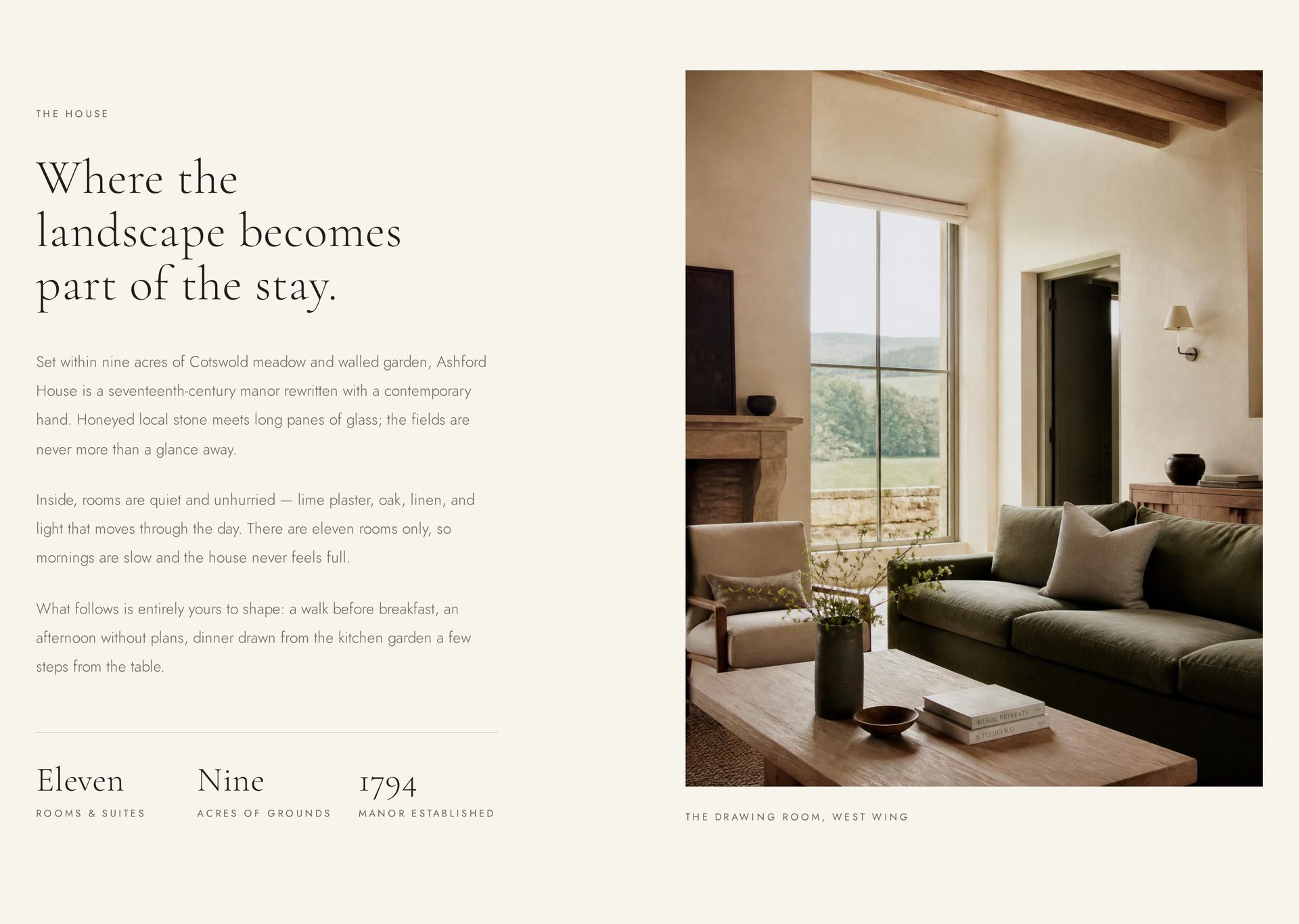 Ashford House homepage section — 'Where the landscape becomes part of the stay' beside a quiet interior photograph