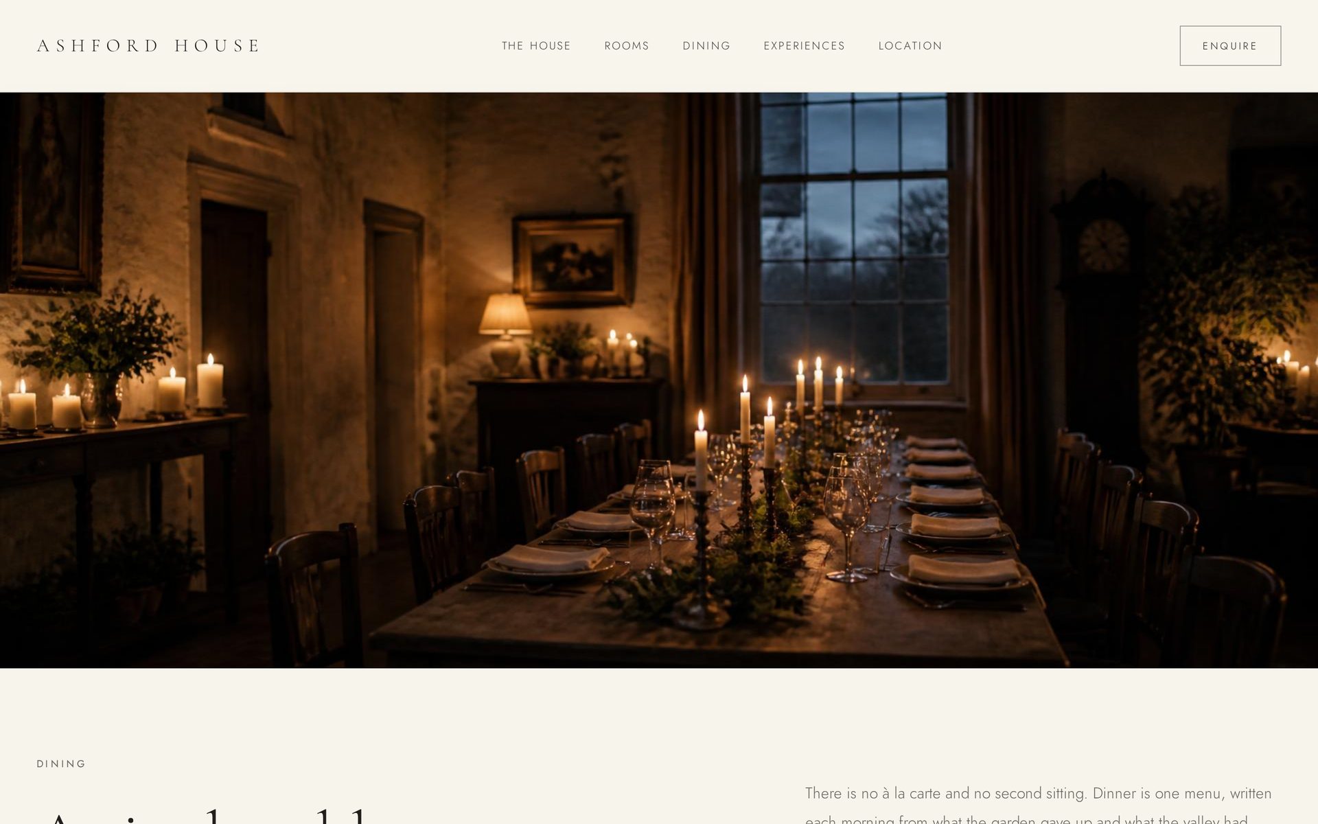 Dining page — candlelit dining room photographed at dusk