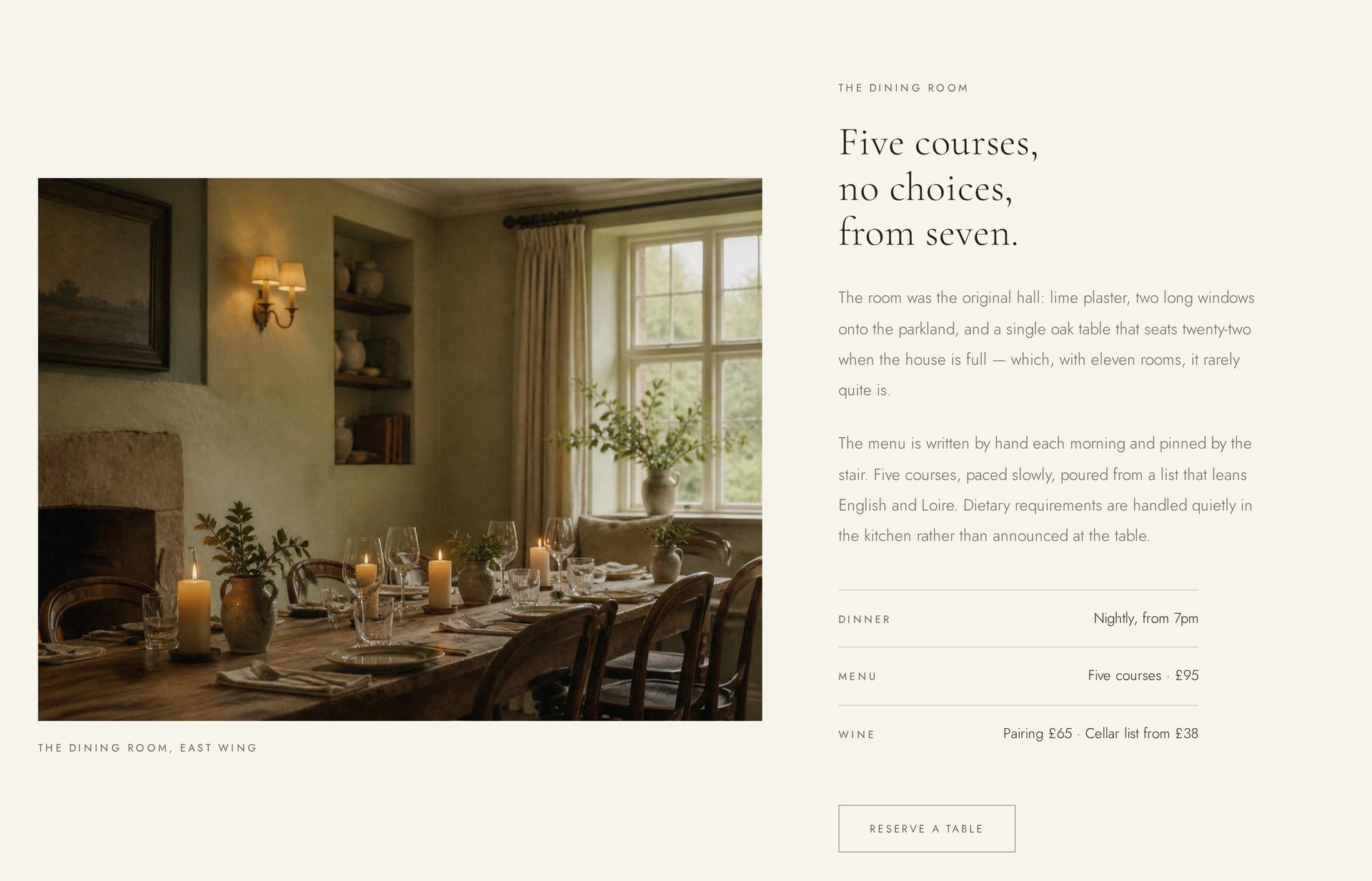 Dining spread — 'Five courses, no choices, from seven' beside the dining room photograph