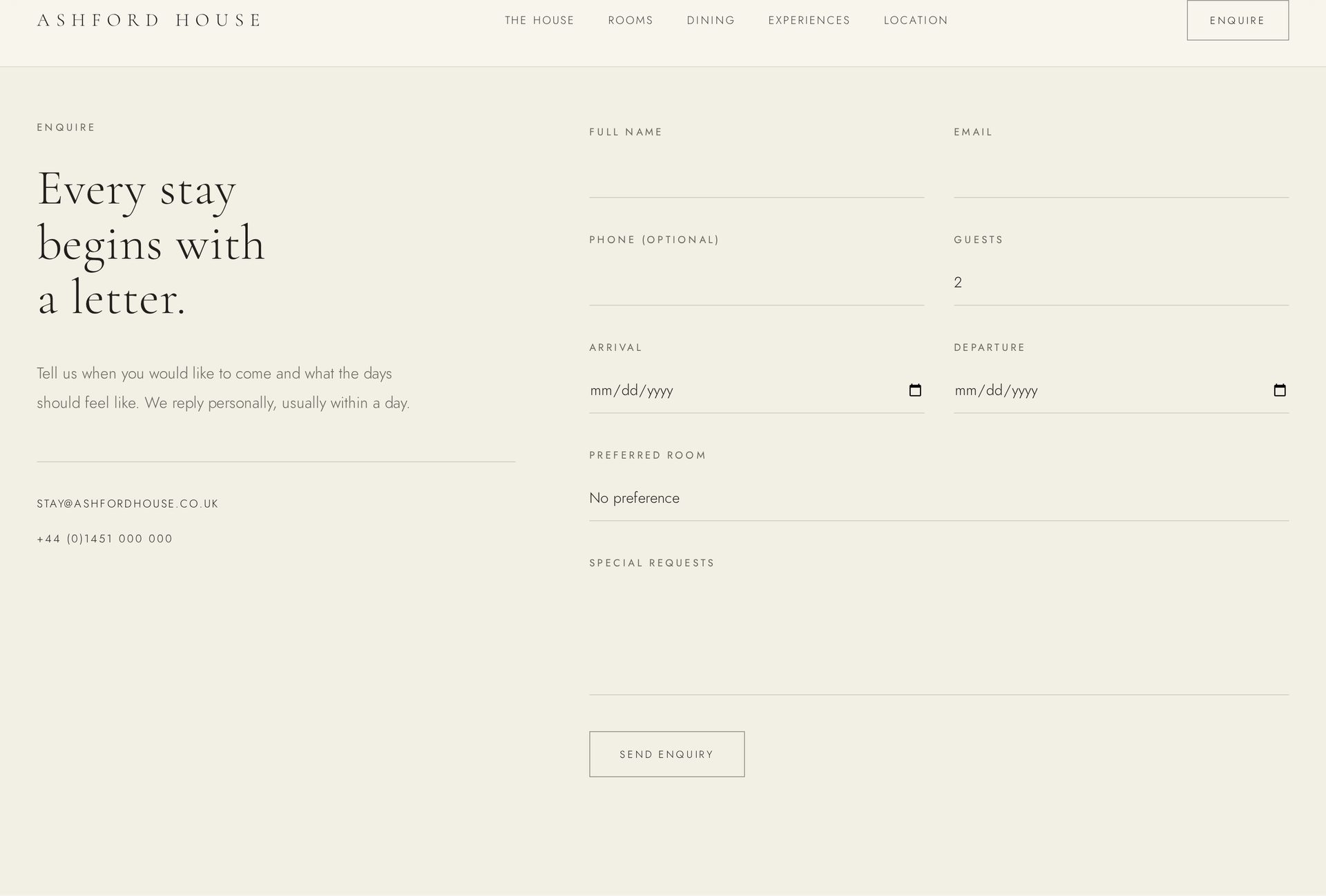 Enquiry section — every stay begins with a letter
