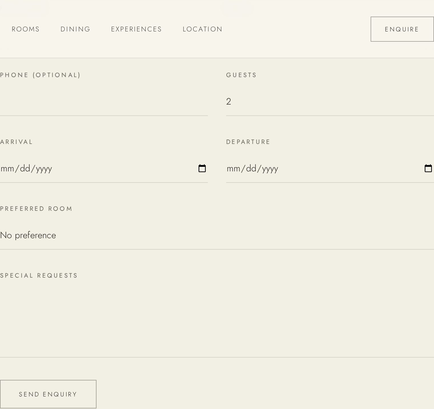 Ashford House enquiry form on desktop — name, email, guests, dates, preferred room and special requests
