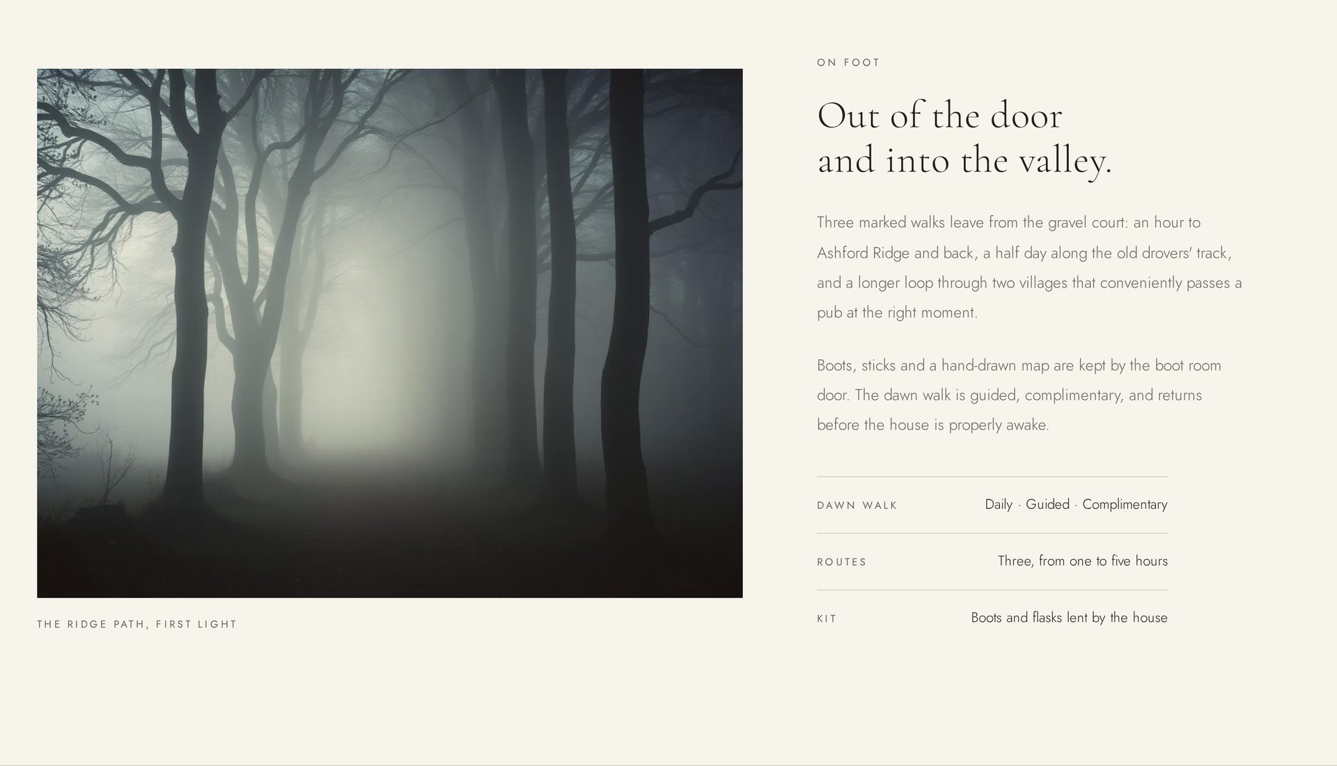 Experiences spread — 'Out of the door and into the valley' beside a misted ridge photograph