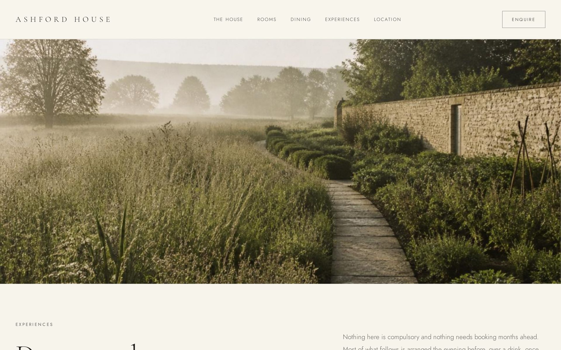 Experiences page — walled garden path in morning light
