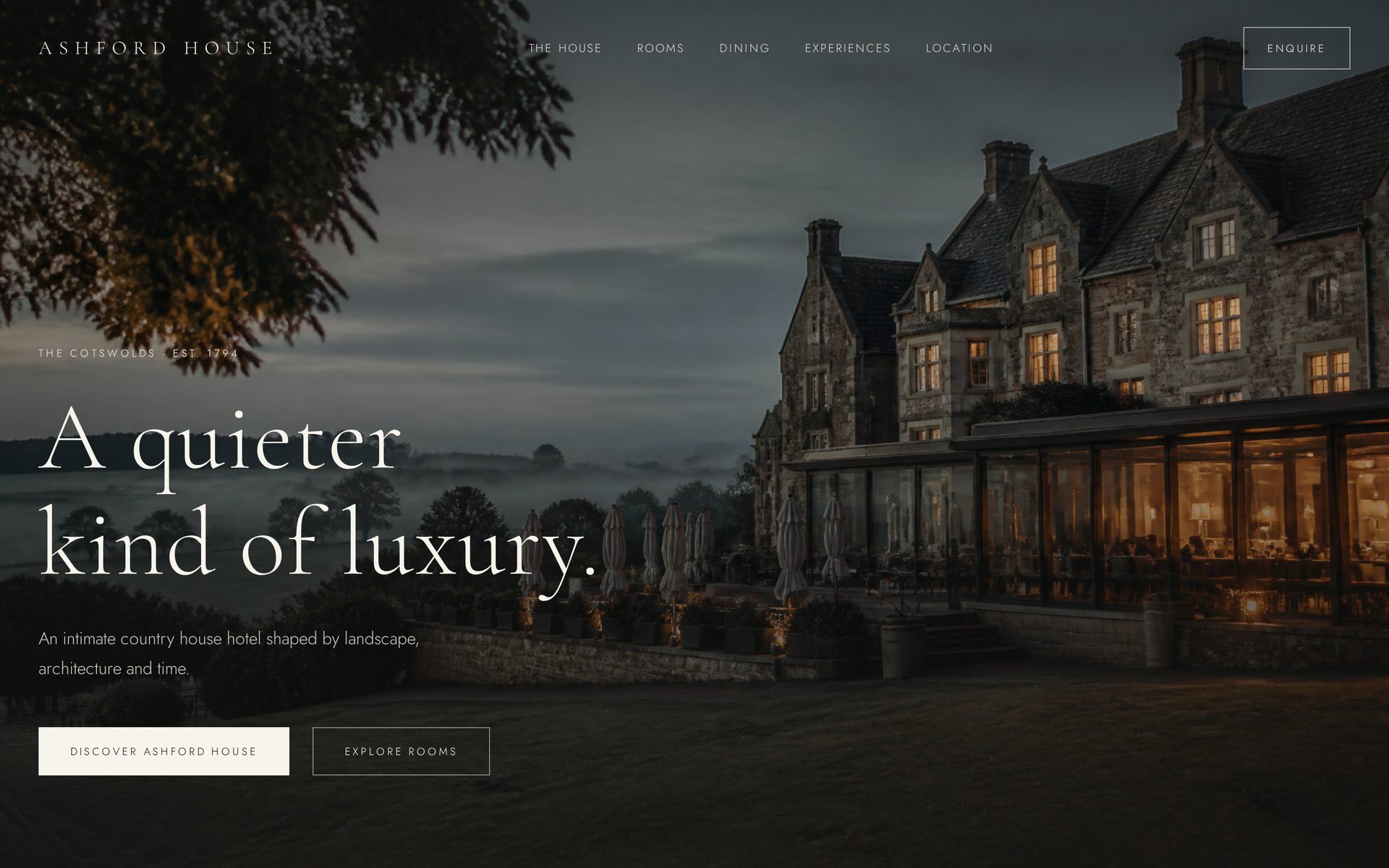 Ashford House website homepage — the country house at dusk beneath an editorial headline