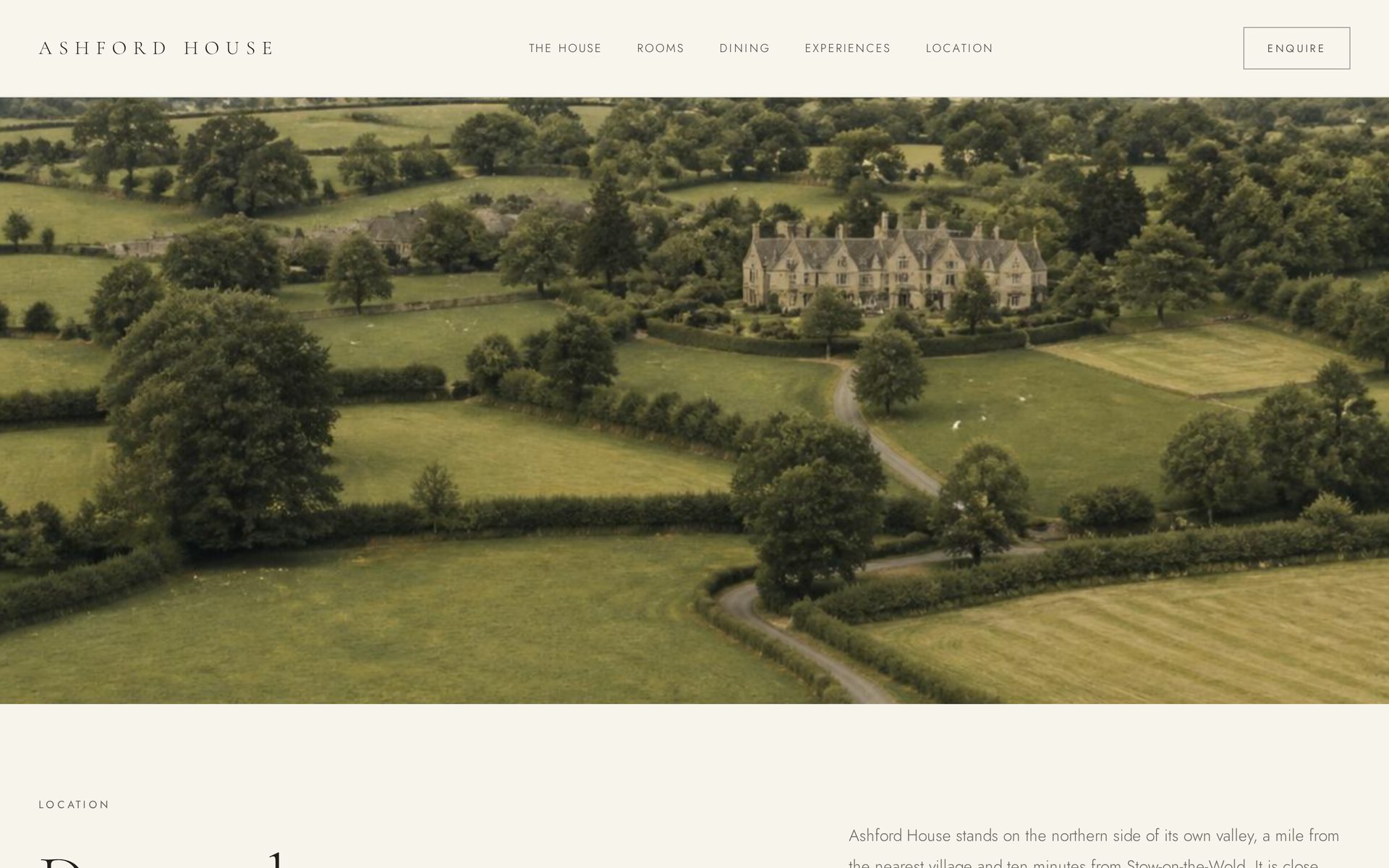 Location page — the house seen from across the valley