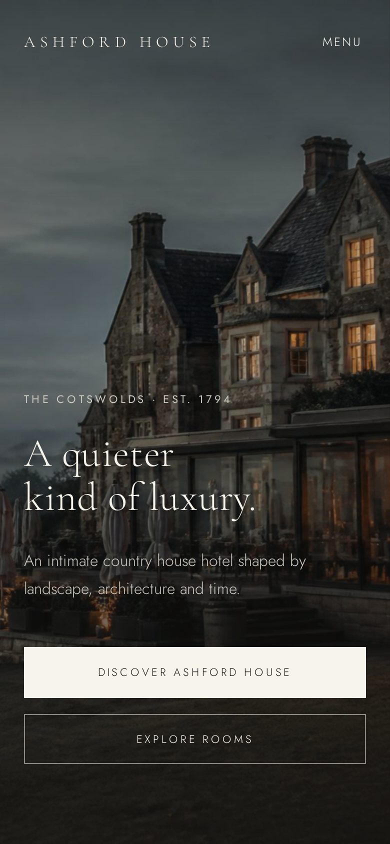 Ashford House homepage on mobile — hero and navigation reflowed for a small screen