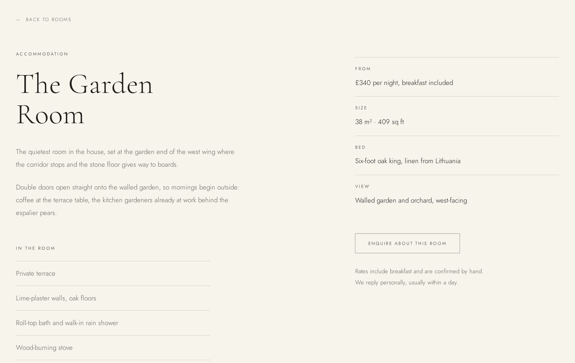 The Garden Room detail page — room story, nightly rate, size, bed and view with an 'Enquire about this room' action