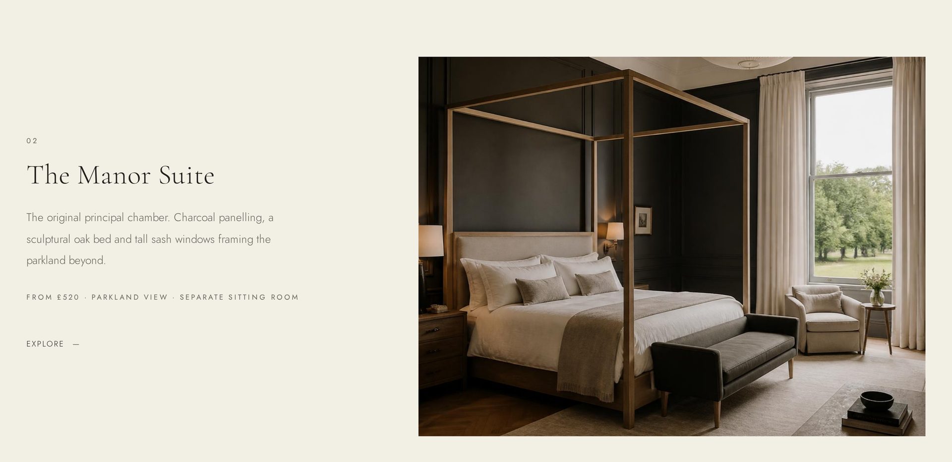 The Manor Suite spread — four-poster bedroom photograph beside room notes