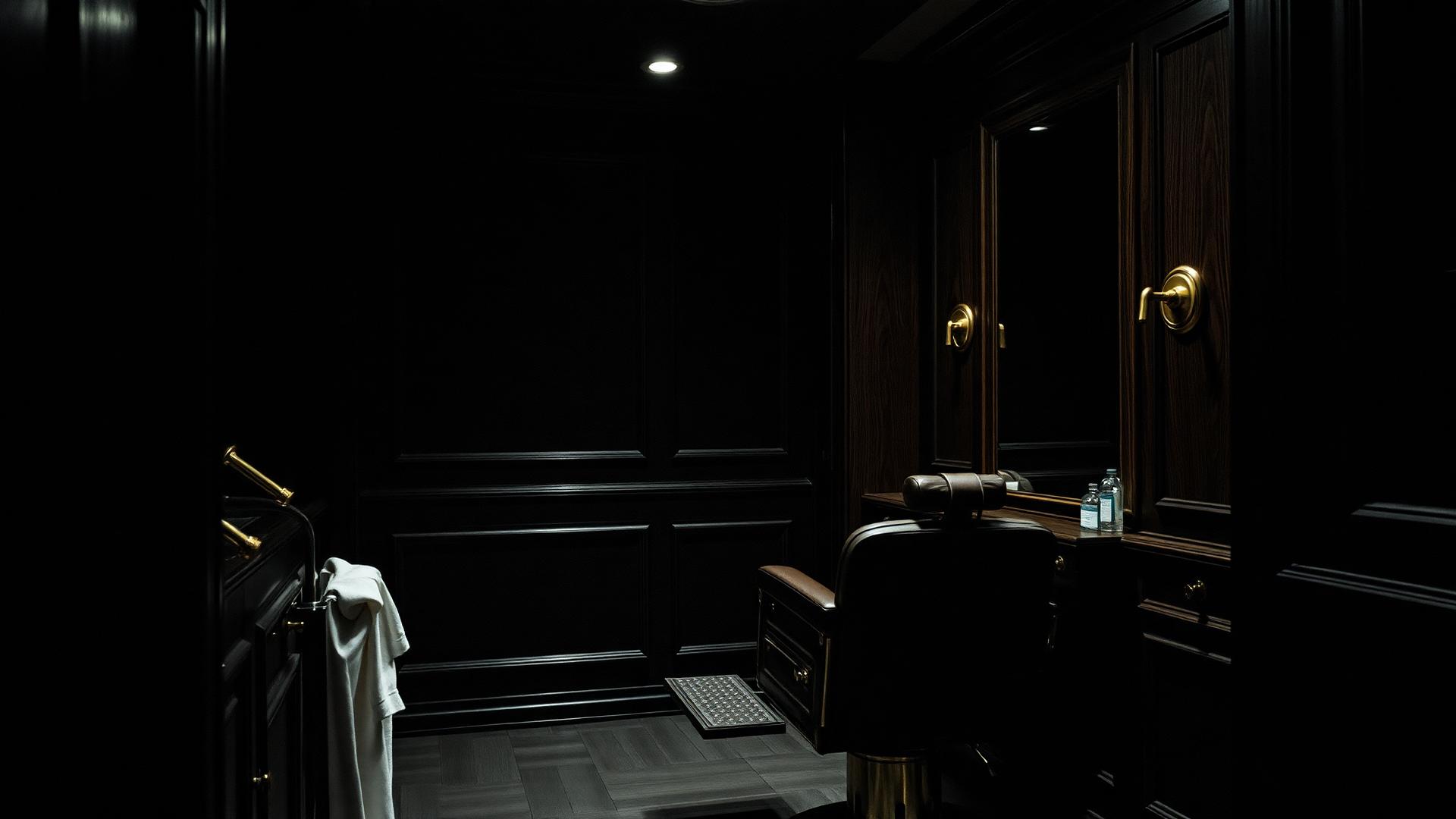 Dark panelled barbering room in low evening light