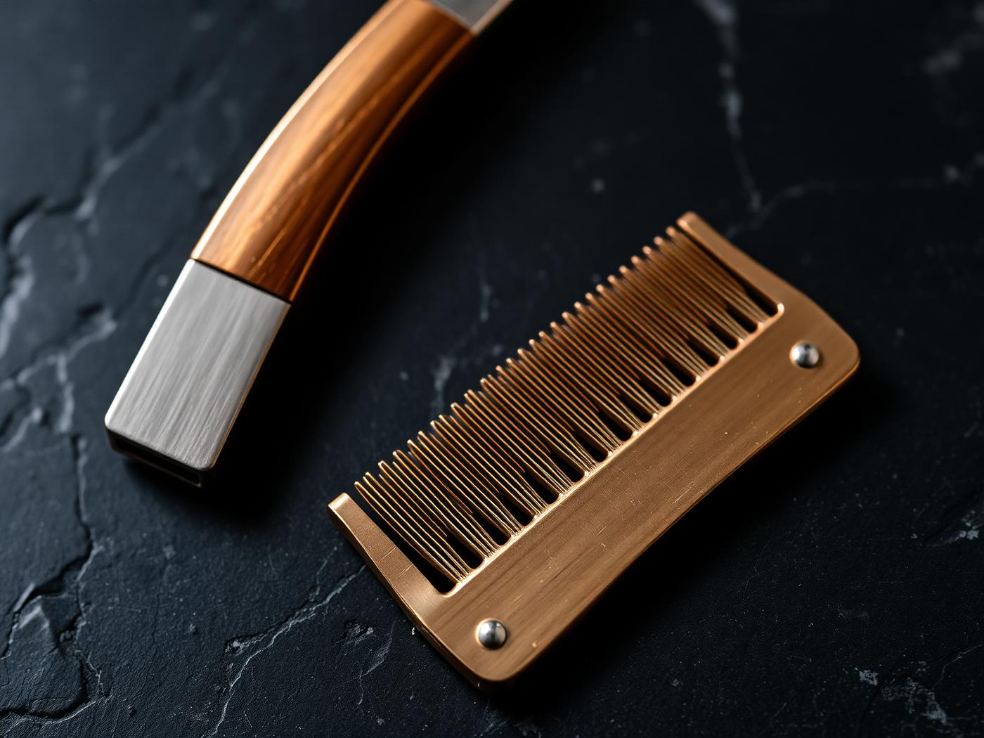 Straight razor and brass comb on dark stone