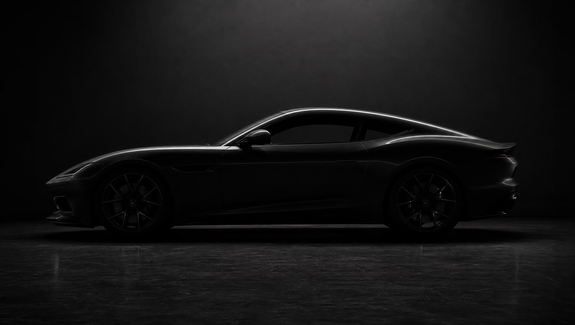 Sports car silhouette under a single light in a dark showroom