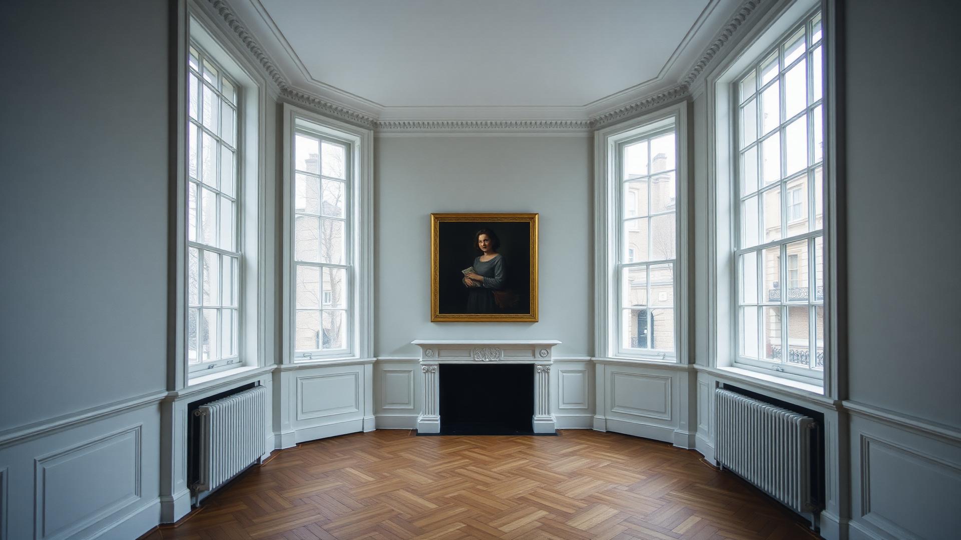 Elegant London townhouse interior with tall sash windows