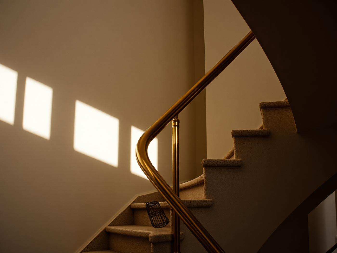 Stone staircase and brass handrail in raking daylight