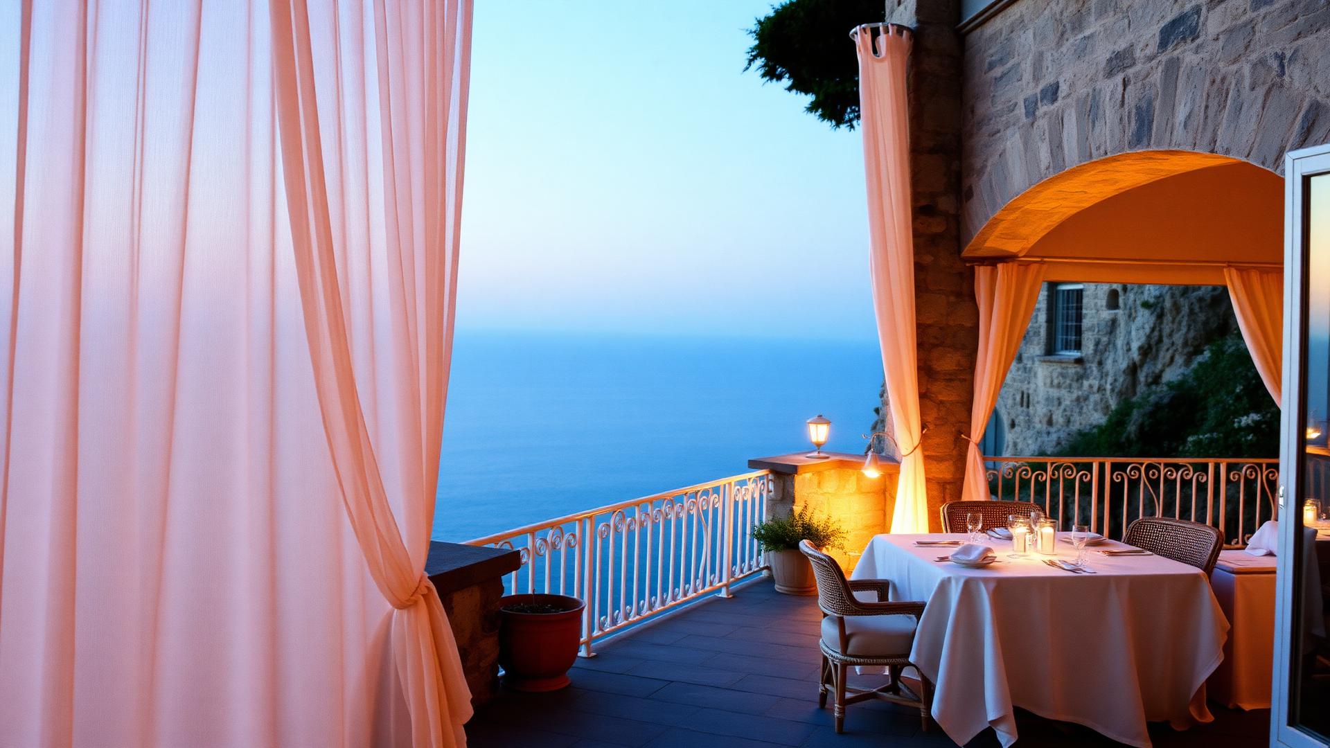 Cliffside hotel terrace above the sea at dusk