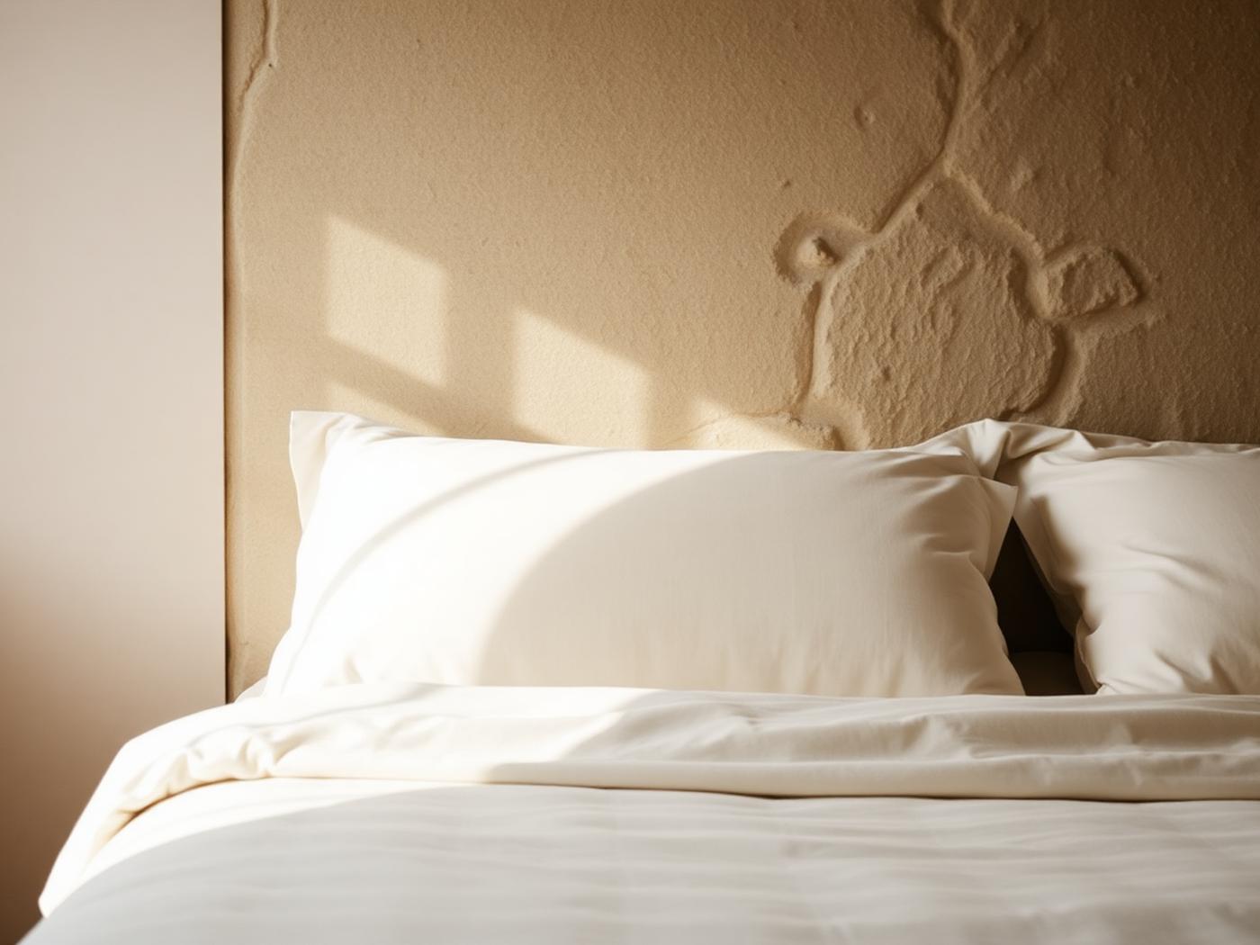 Linen bedding and stone wall in morning light