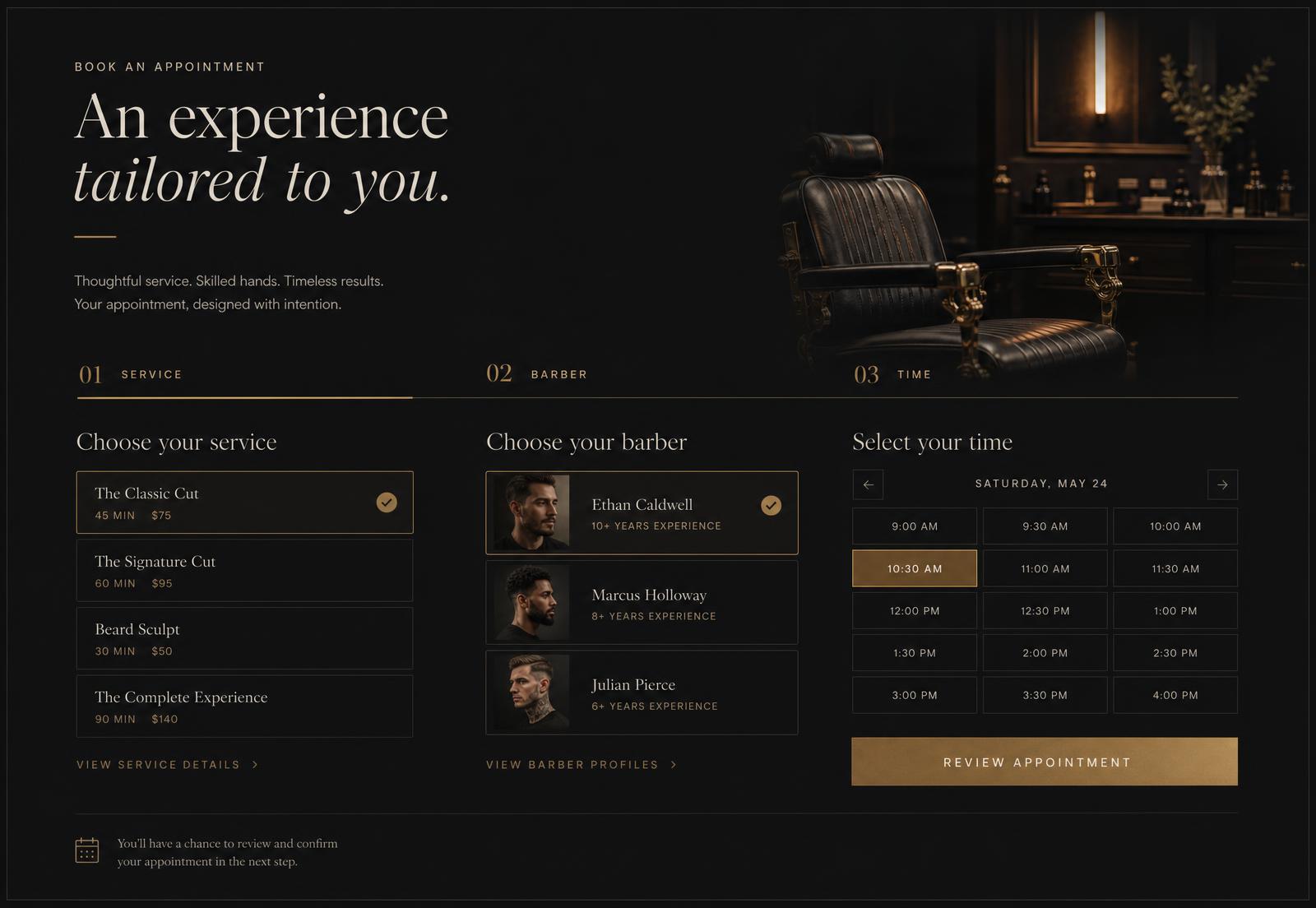 Booking sequence interface showing service, barber and time selection