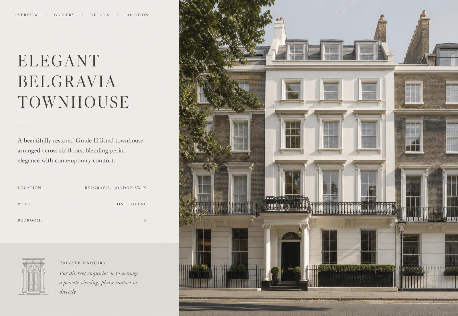 Property detail page with location, price on request, key facts and private enquiry