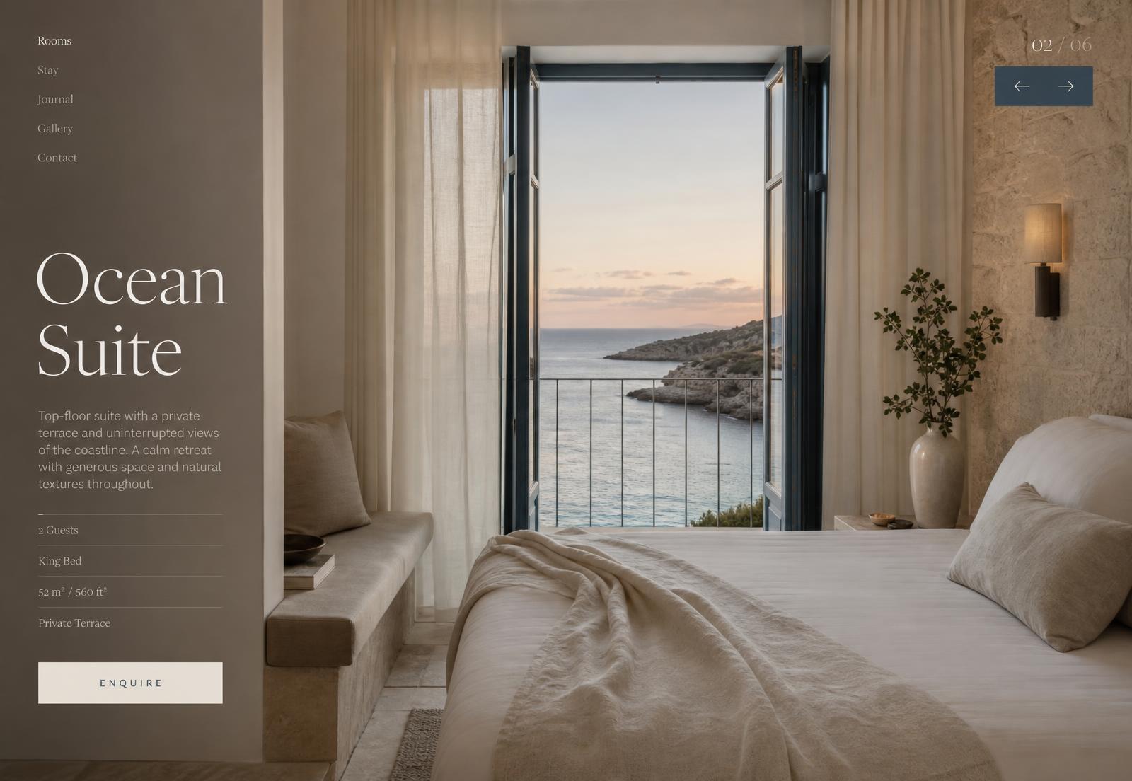 Room detail page with photography and an understated enquire action